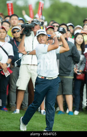 Hideki Matsuyama in Japan spielt ein Treffer in der letzten Runde der 2016 WGC-HSBC Champions Golf Turnier in Shanghai, China, 30. Oktober 2016. Hid Stockfoto