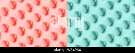 Duo Tone Muster von rosa Tassen über trendige Korallen und blaue Farbe Hintergrund. Geburtstag Feier, baby Konzept Dusche. Pastellfarben. Banner. M Stockfoto