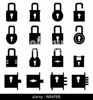 Monochrome Vorhängeschloss Symbol auf weißem Hintergrund Sammlung von Vector Illustration Stock Vektor