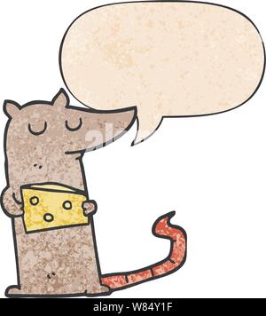 Cartoon Maus mit Käse mit Sprechblase im Retro Stil Textur Stock Vektor
