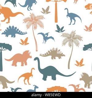 Nahtlose Muster mit bunten Dinosaurier Silhouetten, Stegosaurus und Triceratops, Tyrannosaurus, Brontosaurus, pterodactylus und andere Stock Vektor