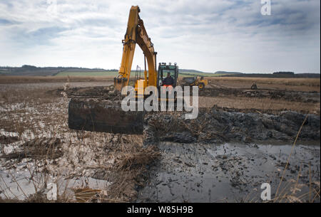 Restaurierungsarbeiten an shooting Pools, Papst &#39;s Marsh, Cley Norfolk Wildlife Trust finden, Norfolk, UK, März 2014. Stockfoto