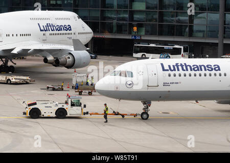 Lufthansa Flugzeuge und Frapart Bodenpersonal, Flughafen Frankfurt, Deutschland Stockfoto