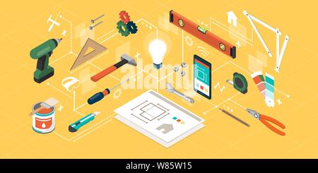 DIY, Home Renovierung und kreative Projekte: isometrische Tools, Smartphone und Baumaschinen Stock Vektor