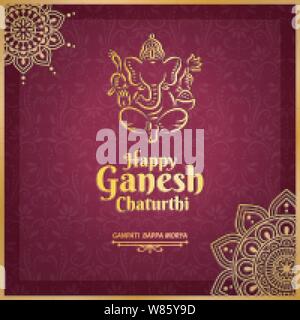 Happy Ganesh Chaturthi Design mit Golden Line Ganesha auf Burgund rot hinterlegt Stock Vektor