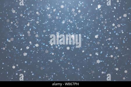 Weihnachten Schnee. Starker Schneefall. Fallende Schneeflocken auf transparenten Hintergrund. Weiße Schneeflocken fliegen in der Luft. Vector Illustration Stock Vektor