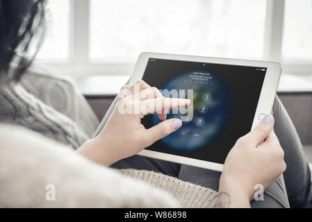 Kiew, Ukraine - Februar 10, 2018: Frau mit einem nagelneuen Apple iPad Pro Silber und Pincode eingeben,, 7. Generation des iPad von Apple entwickelt Stockfoto