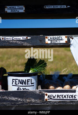 Lokal Obst und Gemüse in Guernsey, von 'stände Ehrlichkeit Box" an der Seite der Straße verkauft. Stockfoto