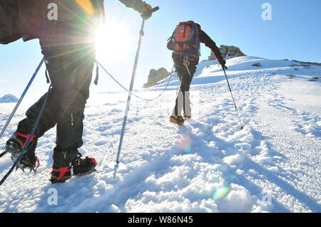 Der Vanoise (Savoyen, Frankreich): Gletscher Wanderung auf der Pointe de la Rechasse "Peak, über Pralognan-la-Vanoise. Gruppe von Wanderern und Hi Stockfoto