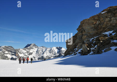 Der Vanoise (Savoyen, Frankreich): Gletscher Wanderung auf der Pointe de la Rechasse "Peak, über Pralognan-la-Vanoise. Gruppe von Wanderern und Hi Stockfoto