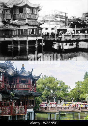 Die zusammengesetzte Foto zeigt den alten und modernen Jiuqu Huxinting Teehaus und die Brücke (die Brücke von neun Drehungen) in der Yu Garten, oder Yuyuan Garten Stockfoto