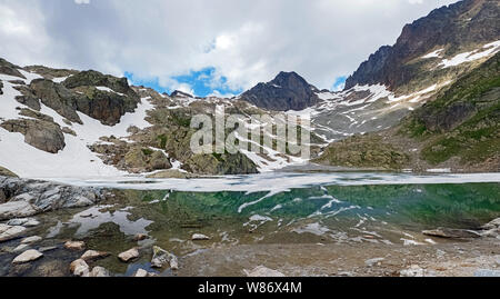 Schönen hohen Bergsee in den französischen Alpen mit türkisfarbenem Wasser und bedeckt mit Schnee an einigen Stellen. Lac Blanc panorama Stockfoto