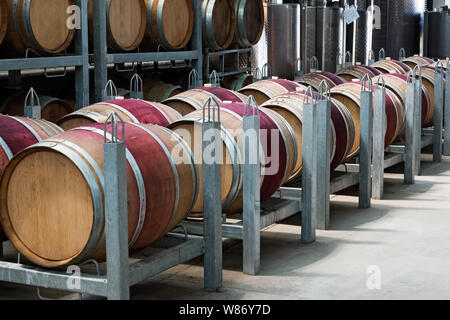 Reihe der Fässer mit Rotwein in ein modernes Weingut. Stockfoto