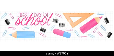 School suplies Herrscher, Buntstifte mit Zitat Schule Zeit und Raum Text platzieren, Vector Illustration. Square Banner Hintergrund Vorlage Stock Vektor