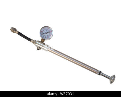 Kleine tragbare Hochdruckpumpe für Fahrrad Gabel. isoliert auf Weiss. Stockfoto