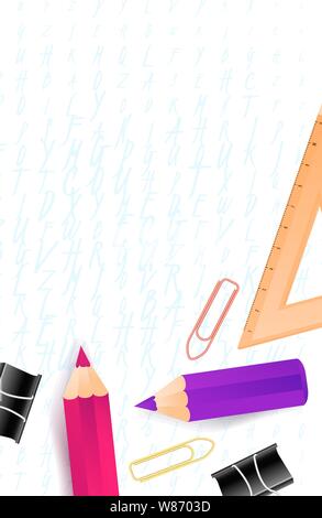 Zurück verkauf Banner zur Schule, das Plakat im Hintergrund. Für Text, cognac Bleistifte und andere Schulsachen auf Notebook Blatt setzen. Layout für Rabatt Stock Vektor