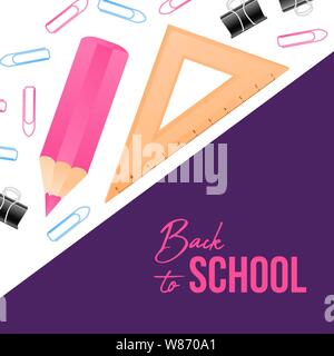 School suplies Herrscher, Buntstifte mit Zitat Schule Zeit und Raum Text platzieren, Vector Illustration. Square Banner Hintergrund Vorlage Stock Vektor