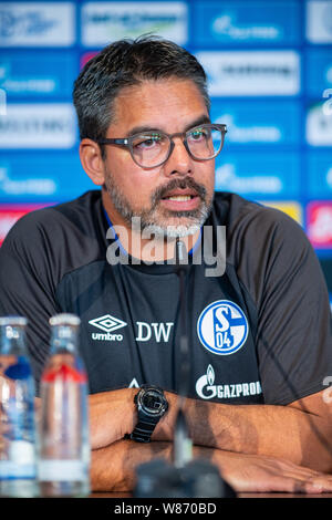 Gelsenkirchen, Deutschland. 08 Aug, 2019. Fussball: DFB-Pokal: schalkes Trainer David Wagner spricht auf der Pressekonferenz vor dem DFB-Pokalspiel in Drochtersen/Assel. Credit: Guido Kirchner/dpa/Alamy leben Nachrichten Stockfoto