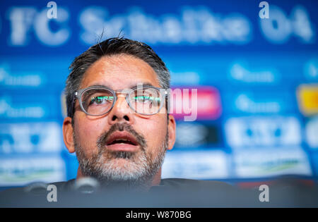 Gelsenkirchen, Deutschland. 08 Aug, 2019. Fussball: DFB-Pokal: schalkes Trainer David Wagner spricht auf der Pressekonferenz vor dem DFB-Pokalspiel in Drochtersen/Assel. Credit: Guido Kirchner/dpa/Alamy leben Nachrichten Stockfoto