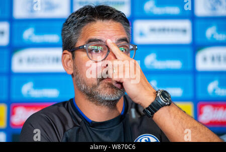 Gelsenkirchen, Deutschland. 08 Aug, 2019. Fussball: DFB-Pokal: schalkes Trainer David Wagner spricht auf der Pressekonferenz vor dem DFB-Pokalspiel in Drochtersen/Assel. Credit: Guido Kirchner/dpa/Alamy leben Nachrichten Stockfoto