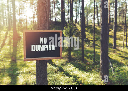 Kein Dumping-Schild, das in Wald an Baum hängt Stockfoto