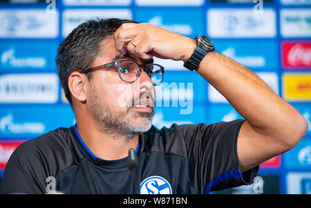 Gelsenkirchen, Deutschland. 08 Aug, 2019. Fussball: DFB-Pokal: schalkes Trainer David Wagner spricht auf der Pressekonferenz vor dem DFB-Pokalspiel in Drochtersen/Assel. Credit: Guido Kirchner/dpa/Alamy leben Nachrichten Stockfoto