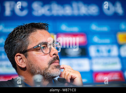 Gelsenkirchen, Deutschland. 08 Aug, 2019. Fussball: DFB-Pokal: schalkes Trainer David Wagner spricht auf der Pressekonferenz vor dem DFB-Pokalspiel in Drochtersen/Assel. Credit: Guido Kirchner/dpa/Alamy leben Nachrichten Stockfoto