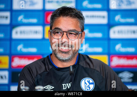 Gelsenkirchen, Deutschland. 08 Aug, 2019. Fussball: DFB-Pokal: schalkes Trainer David Wagner spricht auf der Pressekonferenz vor dem DFB-Pokalspiel in Drochtersen/Assel. Credit: Guido Kirchner/dpa/Alamy leben Nachrichten Stockfoto