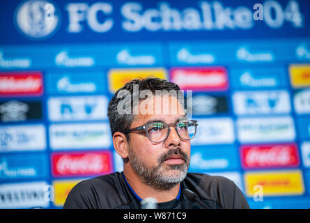 Gelsenkirchen, Deutschland. 08 Aug, 2019. Fussball: DFB-Pokal: schalkes Trainer David Wagner spricht auf der Pressekonferenz vor dem DFB-Pokalspiel in Drochtersen/Assel. Credit: Guido Kirchner/dpa/Alamy leben Nachrichten Stockfoto