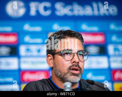 Gelsenkirchen, Deutschland. 08 Aug, 2019. Fussball: DFB-Pokal: schalkes Trainer David Wagner spricht auf der Pressekonferenz vor dem DFB-Pokalspiel in Drochtersen/Assel. Credit: Guido Kirchner/dpa/Alamy leben Nachrichten Stockfoto