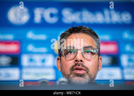 Gelsenkirchen, Deutschland. 08 Aug, 2019. Fussball: DFB-Pokal: schalkes Trainer David Wagner spricht auf der Pressekonferenz vor dem DFB-Pokalspiel in Drochtersen/Assel. Credit: Guido Kirchner/dpa/Alamy leben Nachrichten Stockfoto