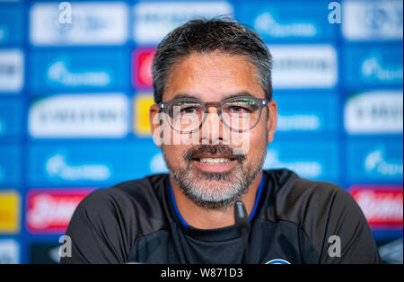 Gelsenkirchen, Deutschland. 08 Aug, 2019. Fussball: DFB-Pokal: schalkes Trainer David Wagner spricht auf der Pressekonferenz vor dem DFB-Pokalspiel in Drochtersen/Assel. Credit: Guido Kirchner/dpa/Alamy leben Nachrichten Stockfoto