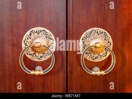 Alte hölzerne Tor mit zwei goldenen Türklopfer in der Nähe Ringe vorne sehen. Alte Tür Fragment des buddhistischen Tempel Datsan Gunzechoyney. Stockfoto
