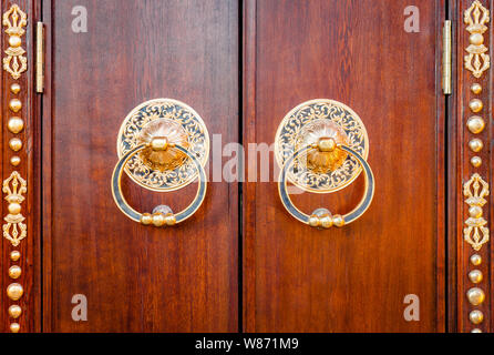 Alte hölzerne Tor mit zwei goldenen Türklopfer in der Nähe Ringe vorne sehen. Alte Tür Fragment des buddhistischen Tempel Datsan Gunzechoyney. Stockfoto