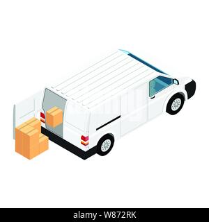 Weiß minivan cargo Transporter liefern Kartonagen auf weißem Hintergrund isometrische Ansicht isoliert Stock Vektor