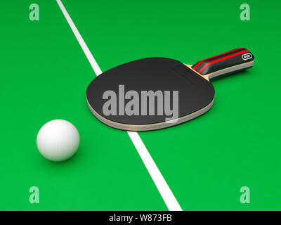 Schwarz Tischtennis Schläger mit Ball. Auf grünem Hintergrund Stockfoto