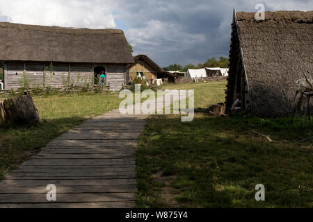 Ein Blick auf einen Teil des historischen Ribe Viking Center in Lostrupholm in der Nähe von Ribe, Dänemark. Einige der rekonstruierten Viking Häuser aus dem 9. Jahrhundert steht im Vordergrund und im Hintergrund Zelte, in denen die Freiwilligen live gesehen. Die Häuser wurden bei archäologischen Ausgrabungen in der Kathedrale in Ribe Zentrum gefunden. Stockfoto