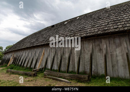 Die rekonstruierten Hviding Landsitz aus dem Jahr 980 im Ribe Viking Center in Lostrupholm in der Nähe von Ribe, Dänemark. Dieses imposante Viking Manor wurde bei einer Ausgrabung in der Nähe von Ribe während 1986-94 gefunden und dem besten archäologischen Schätzungen rekonstruiert. Neben dem Wikingerschiff geformte Langhaus gab es Stände und eine Schmiede, Scheunen, Werkstätten und pit-Häuser auf einem 7.800 m2 Fläche Yard in durch eine geflochtene Weide Hecke eingezäunt. Stockfoto