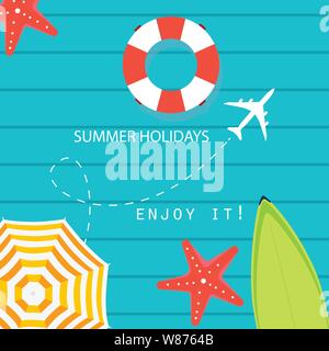 Sommer vektor Banner Design mit farbigen Elementen in blauen Hintergrund. Vector Illustration. Sommerurlaub Banner Stock Vektor