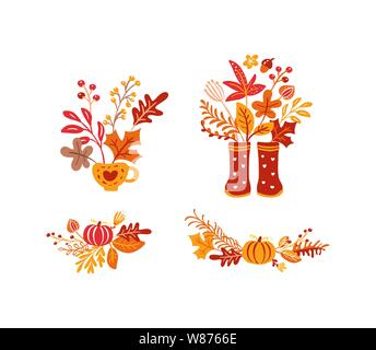Set von orangen Herbstlaub Blumensträuße mit Gummistiefeln. Orangene Blätter von Ahorn mit Tasse, mit Kürbis, mit Laub Eiche, Herbst Natur Saison Poster Stock Vektor