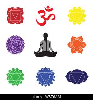 Vector Illustration das Zeichen eines Mannes oder einer Frau Silhouette meditieren. Üben von Yoga. Yoga Lotus darstellen, Frauen wellness Konzept. Chakra Symbole Stock Vektor