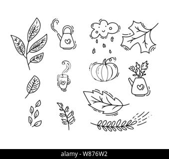 Set von Vektor monoline Doodle florale Elemente. Herbst Kollektion Grafikdesign. Kräuter, Blätter, Stiefel, Teekanne, Tasse und Kürbis. Von Hand gezeichnet Stock Vektor