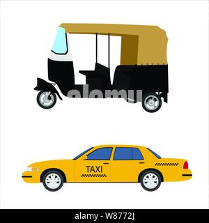 Taxi Icon Set: gelb Taxi und indischen Tuk-tuk Auto-rikscha. Vector Illustration Stock Vektor