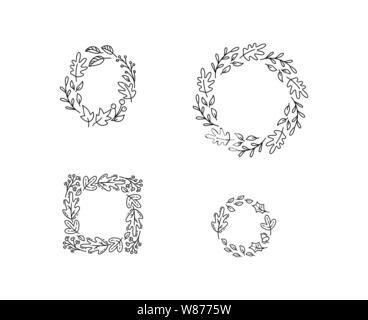 Set von Vektor Monoline runden Herbst Kranz. Bündel von Bouquet Rahmen mit Blättern, Beeren und anderen herbstlichen Elementen isoliert. Perfekt für die Saison Stock Vektor