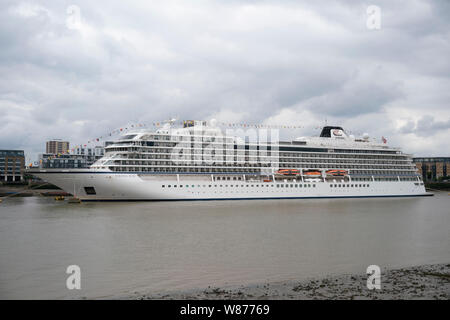 Viking sun Kreuzfahrt Schiff angedockt auf der Themse, London Greenwich. Stockfoto