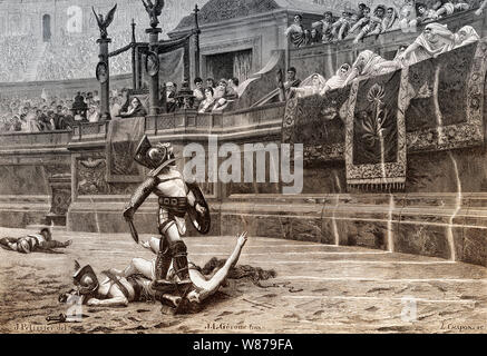 Gladiatorenkämpfe im Kolosseum, antikes Amphitheater in Rom, Italien Stockfoto