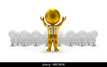 3d kleine Leute Gottesdienst zu einem gold Idol. 3D-Bild. Isoliert weißer Hintergrund. Stockfoto