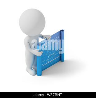 Isometrische Person mit einer Blaupause. 3D-Bild. Weißer Hintergrund. Stockfoto