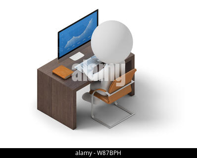 Isometrische Person an seinem Arbeitsplatz sitzen. 3D-Bild. Weißer Hintergrund. Stockfoto