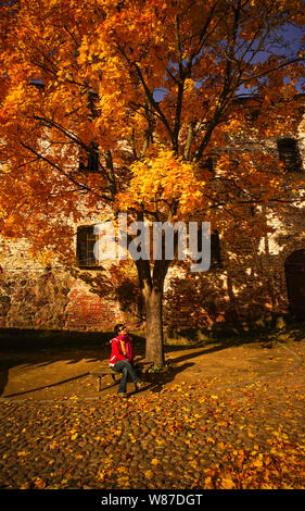 Wyborg, Russland - Nov 6, 2016. Alte Burg mit Bäume im Herbst in Wyborg, Russland. Stockfoto